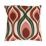 Modern retro outdoor pillow with seventies ogee waves in rust, coral pink and forest green on cream