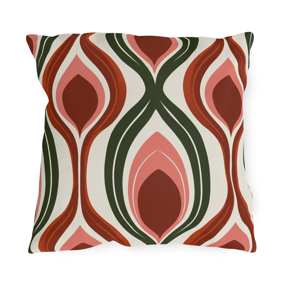 Modern retro outdoor pillow with seventies ogee waves in rust, coral pink and forest green on cream