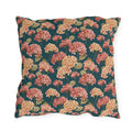 Pink and cream hydrangeas on deep teal outdoor pillow