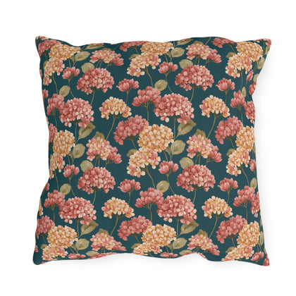 Pink and cream hydrangeas on deep teal outdoor pillow