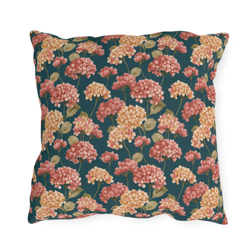 Pink and cream hydrangeas on deep teal outdoor pillow