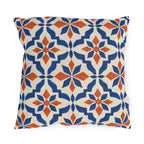 Terracotta and cobalt blue Moroccan tile outdoor pillow with star-flower mosaic tiles