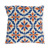 Terracotta and cobalt blue Moroccan tile outdoor pillow with star-flower mosaic tiles
