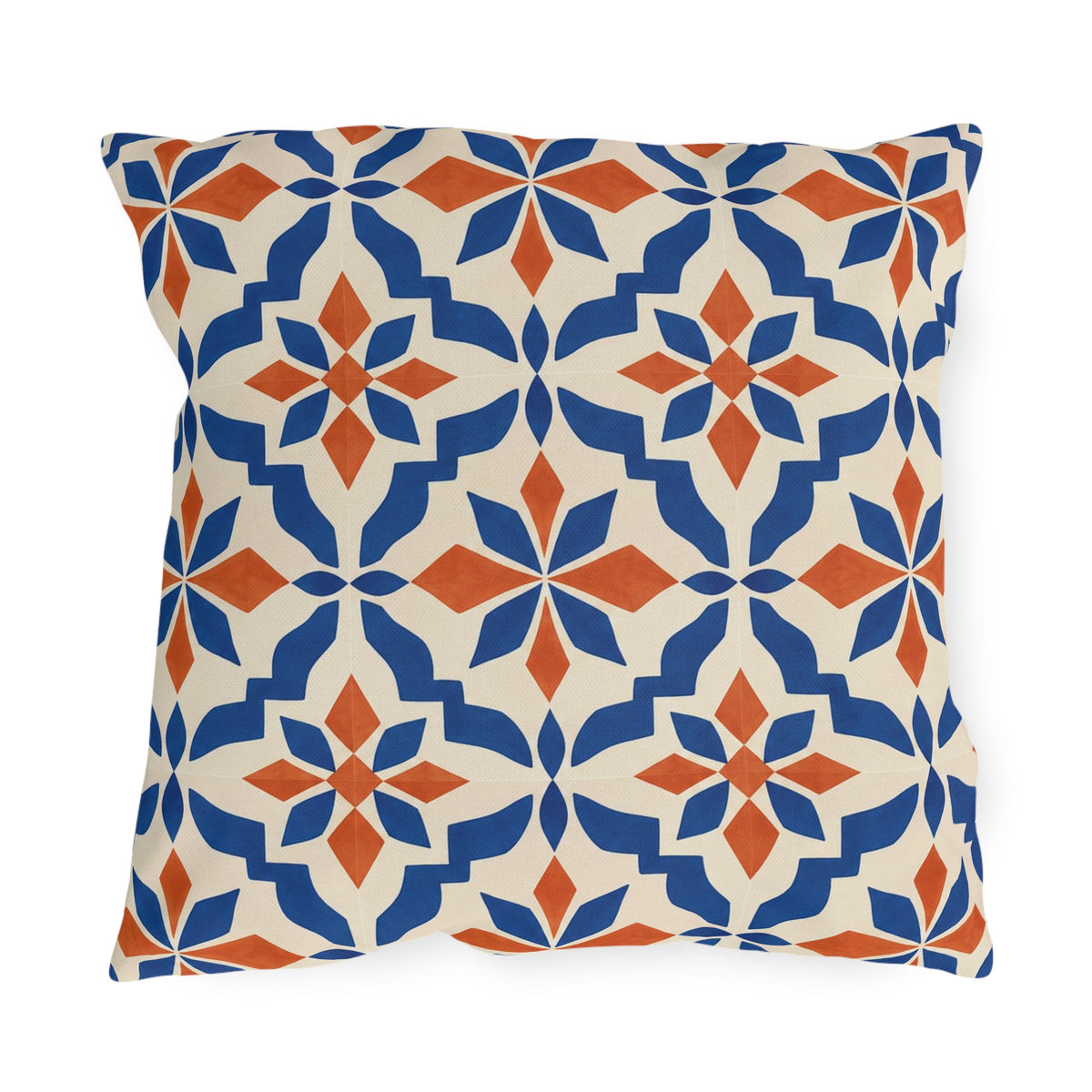 Terracotta and cobalt blue Moroccan tile outdoor pillow with star-flower mosaic tiles