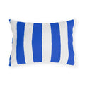 Blue and white awning stripe outdoor lumbar pillow with wide royal blue stripes on white