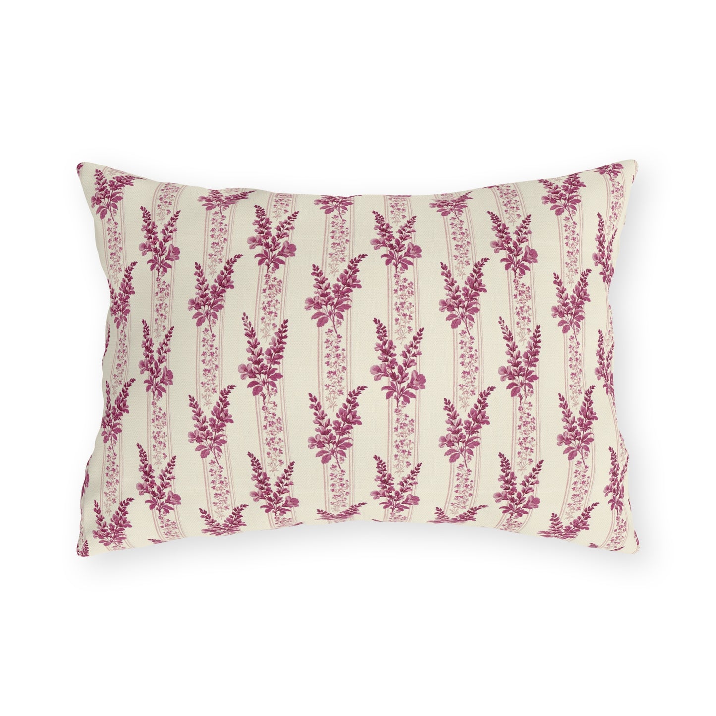 Magenta heather flower spikes on cream stripe outdoor lumbar pillow