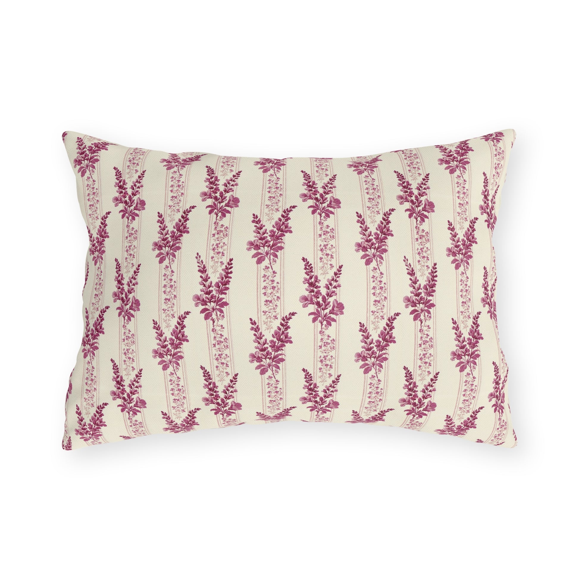 Magenta heather flower spikes on cream stripe outdoor lumbar pillow