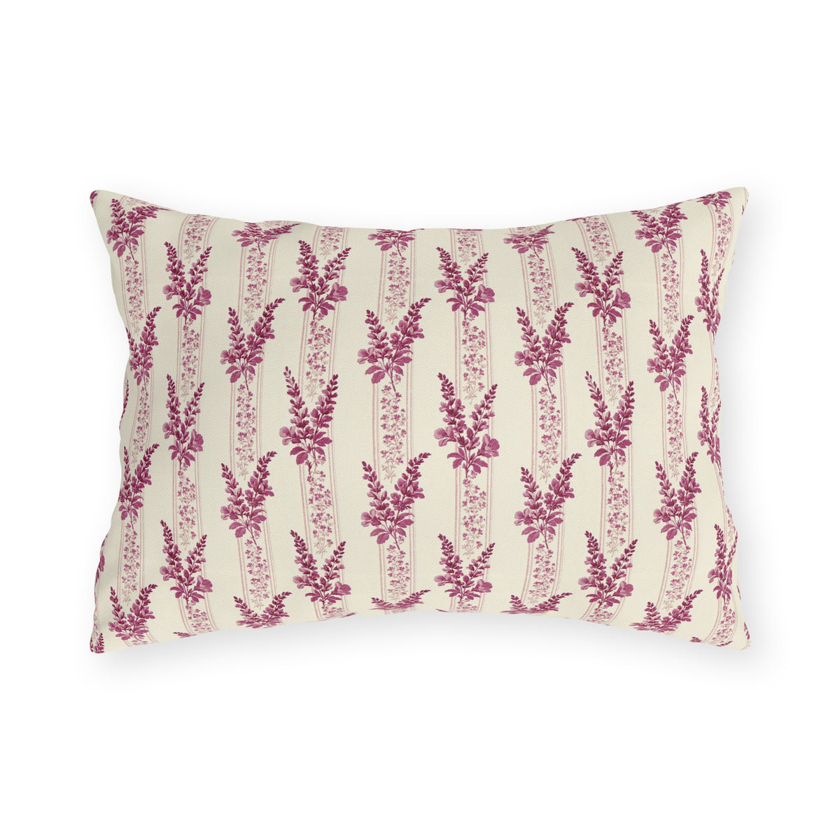 Magenta heather flower spikes on cream stripe outdoor lumbar pillow