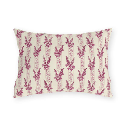 Magenta heather flower spikes on cream stripe outdoor lumbar pillow