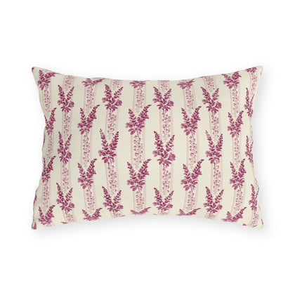 Magenta heather flower spikes on cream stripe outdoor lumbar pillow