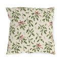 Christmas mistletoe outdoor pillow with sage green sprigs, white berries and thin red bows on warm cream