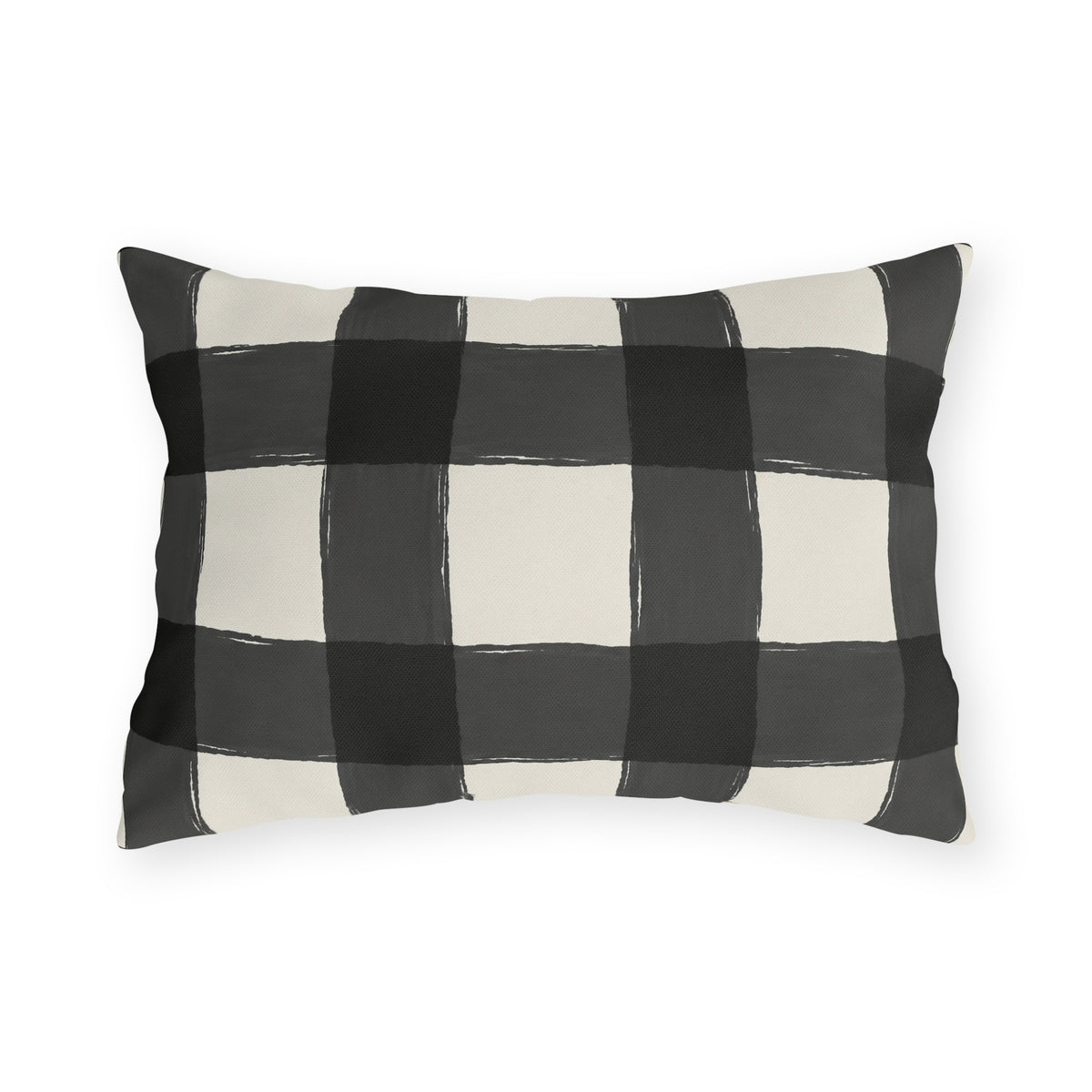 Black and white gingham check outdoor lumbar pillow with hand-painted black and charcoal checks on off-white