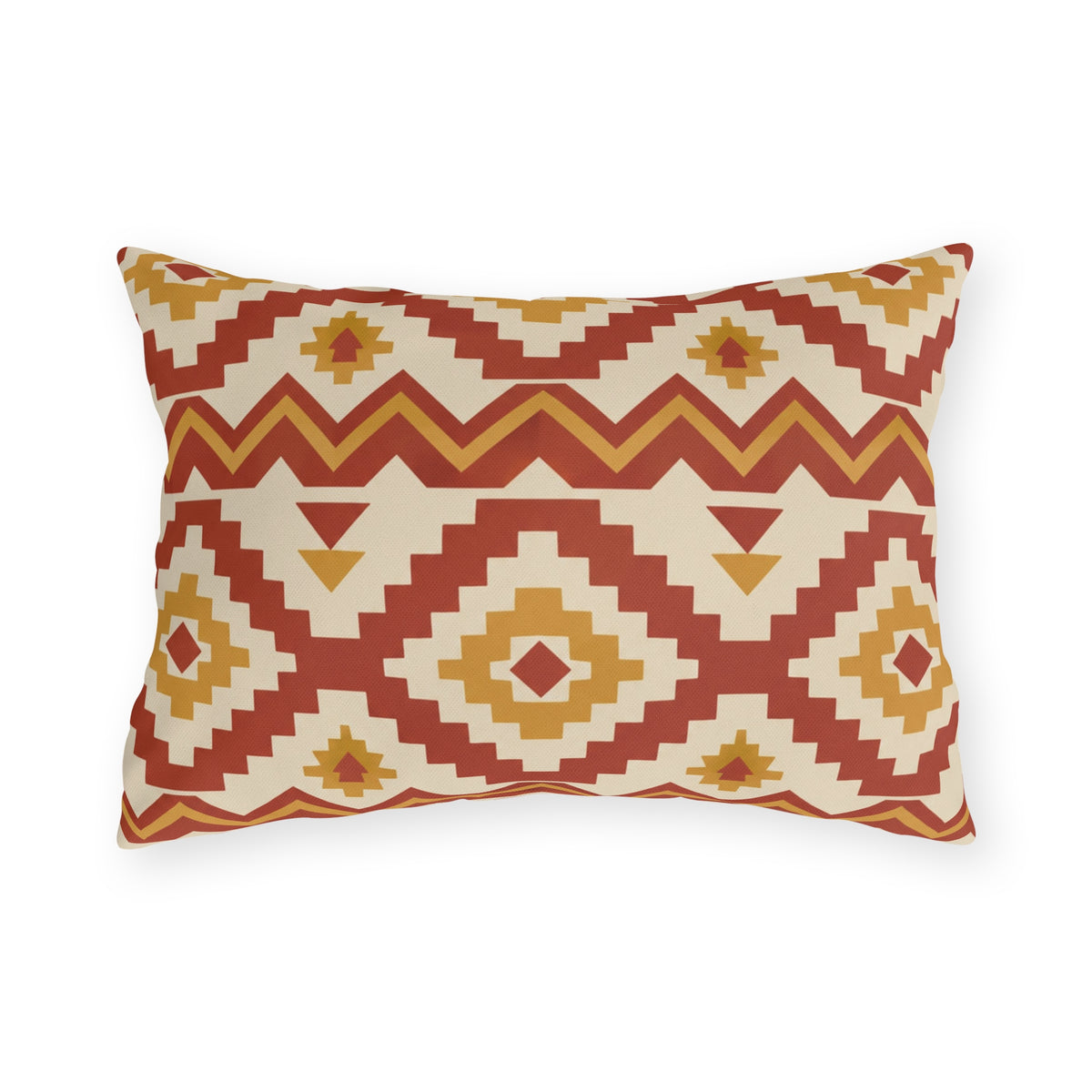 Rust Moroccan kilim outdoor lumbar pillow with stepped diamonds in rust, cream and mustard