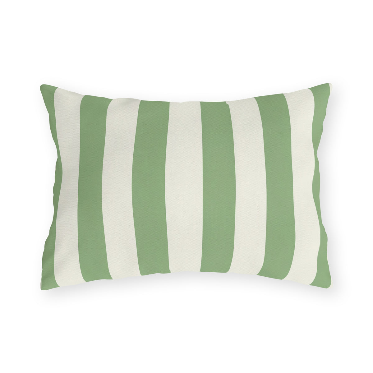 Sage green and cream cabana stripes on an outdoor lumbar pillow