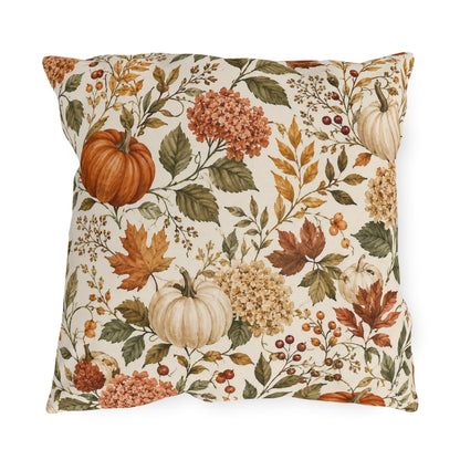 Watercolour pumpkins, hydrangeas and autumn leaves on cream outdoor pillow