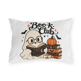 Funny Halloween outdoor lumbar pillow with a cute reading ghost, pumpkin, bats and Boo-k Club lettering