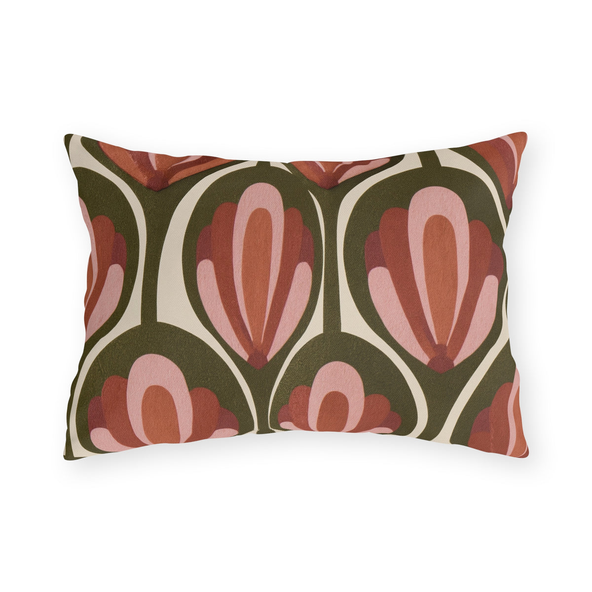 Modern retro outdoor lumbar pillow with seventies rust and pink tulips in olive green pods on cream