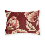 Cream and dusty rose peonies painted on a deep crimson outdoor lumbar pillow
