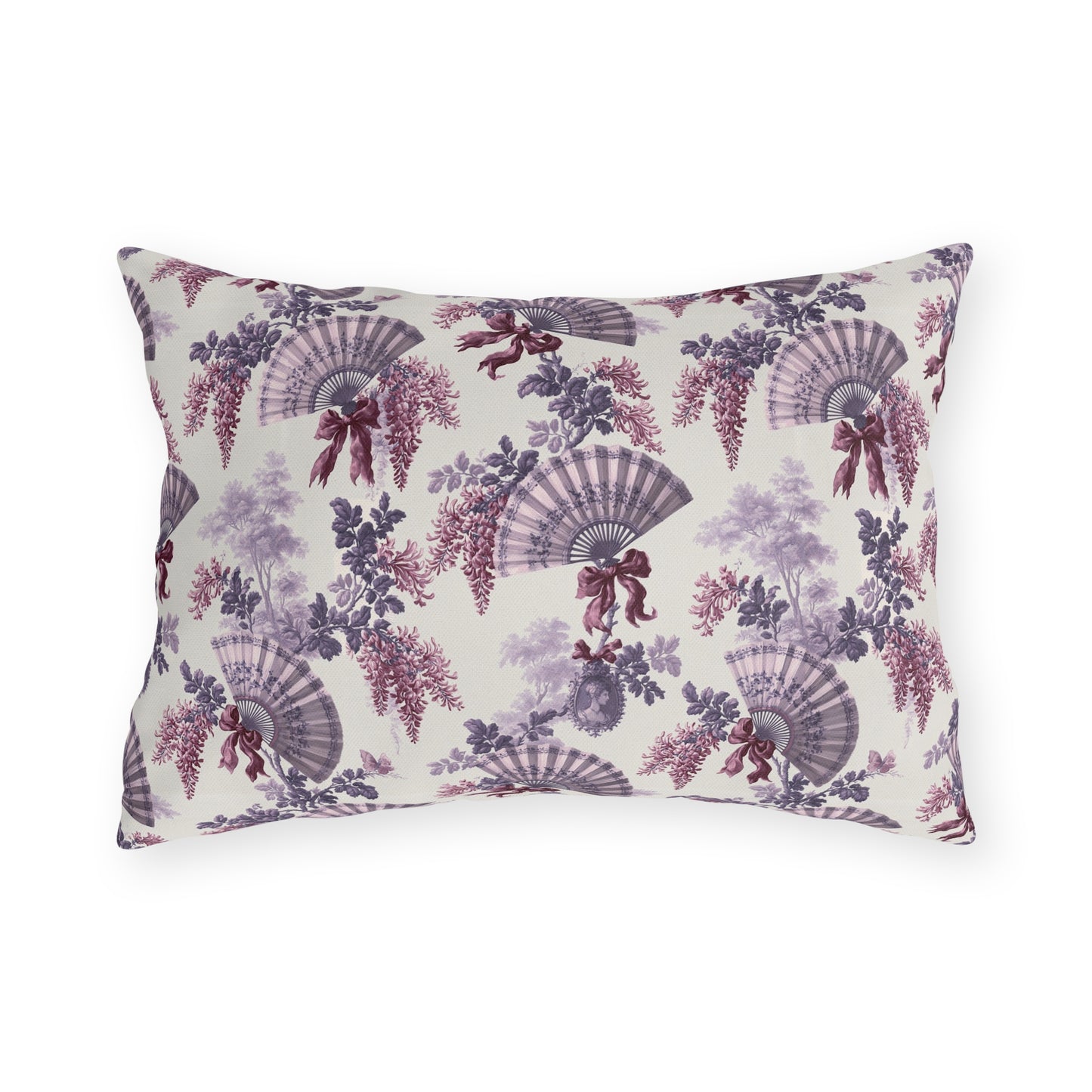Lavender and plum French fans, wisteria and ribbons on cream outdoor lumbar pillow