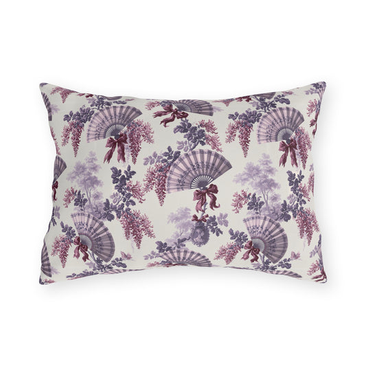 Lavender and plum French fans, wisteria and ribbons on cream outdoor lumbar pillow