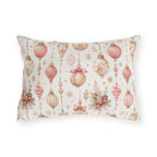 Pink and gold vintage Christmas baubles with bows and holly on white outdoor lumbar pillow