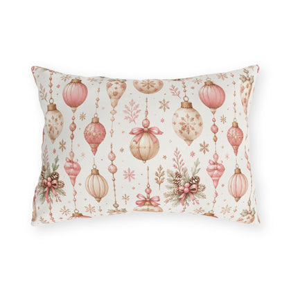Pink and gold vintage Christmas baubles with bows and holly on white outdoor lumbar pillow