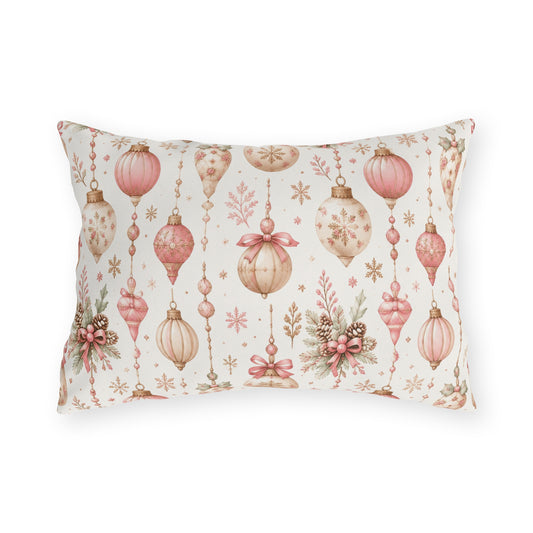 Pink and gold vintage Christmas baubles with bows and holly on white outdoor lumbar pillow