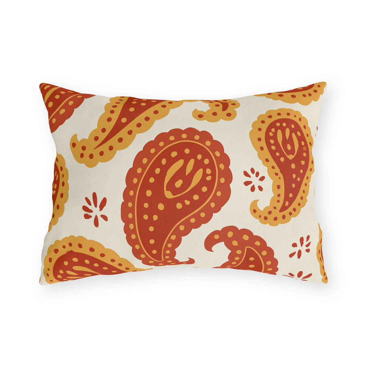Boho outdoor lumbar pillow with large rust and mustard paisleys and small flowers on cream