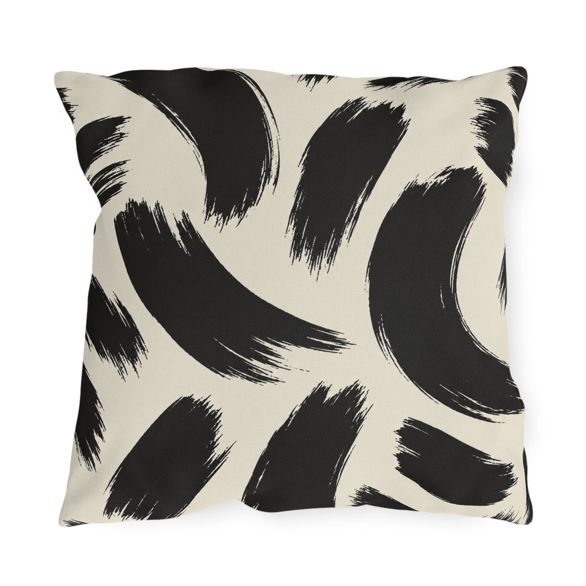 Black and cream outdoor pillow with loose abstract black brush strokes