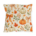 Fall outdoor pillow with watercolor orange and cream pumpkins, maple leaves, berries and gingham bows on cream