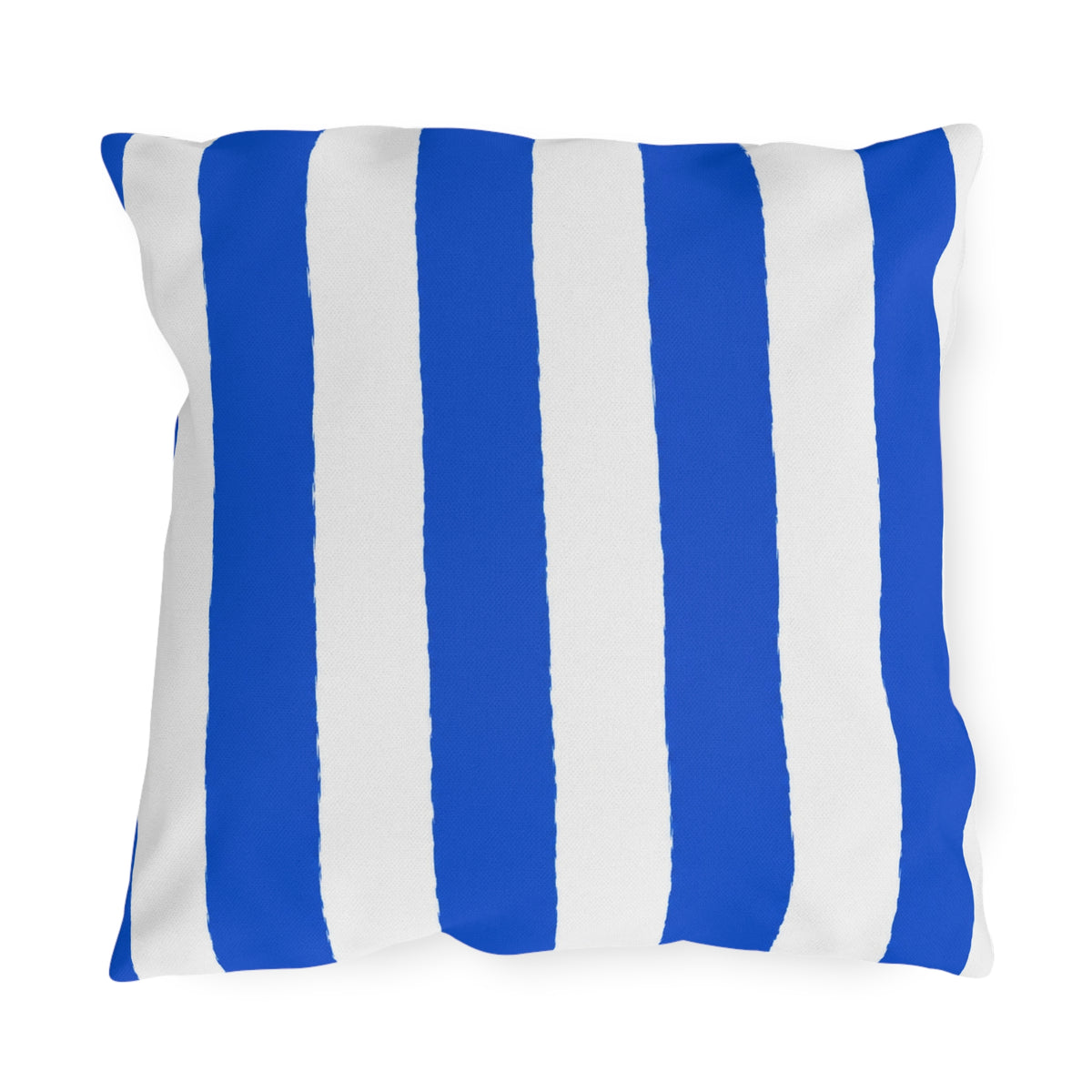 Blue and white awning stripe outdoor pillow with wide royal blue stripes on white