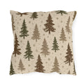 Pine trees in brown, olive and taupe on a speckled cream outdoor pillow