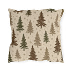 Pine trees in brown, olive and taupe on a speckled cream outdoor pillow