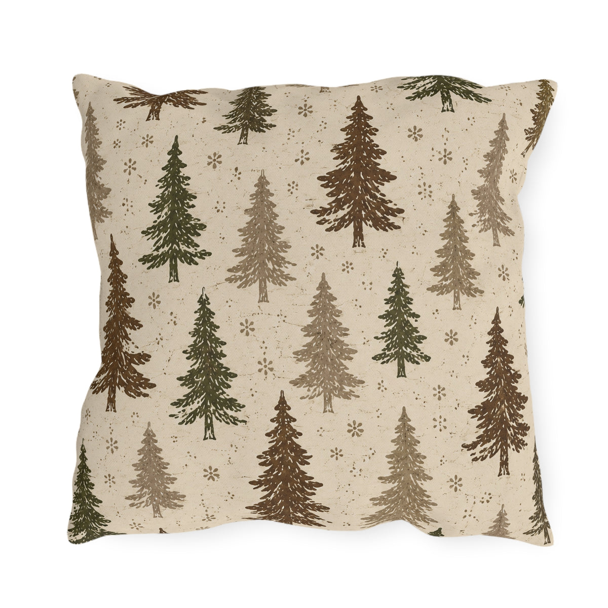 Pine trees in brown, olive and taupe on a speckled cream outdoor pillow