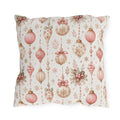 Pink and gold vintage Christmas baubles with bows and holly on white outdoor pillow