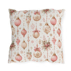Pink and gold vintage Christmas baubles with bows and holly on white outdoor pillow