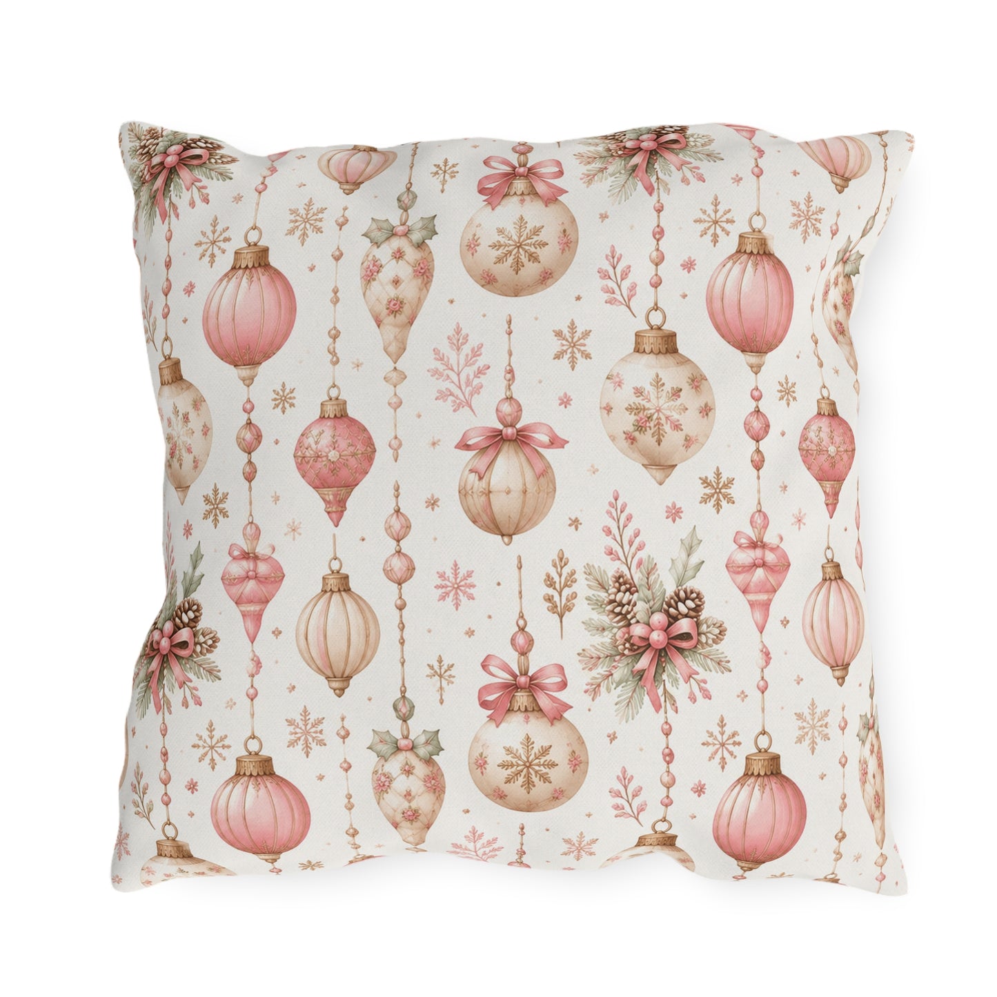 Pink and gold vintage Christmas baubles with bows and holly on white outdoor pillow