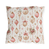 Pink and gold vintage Christmas baubles with bows and holly on white outdoor pillow