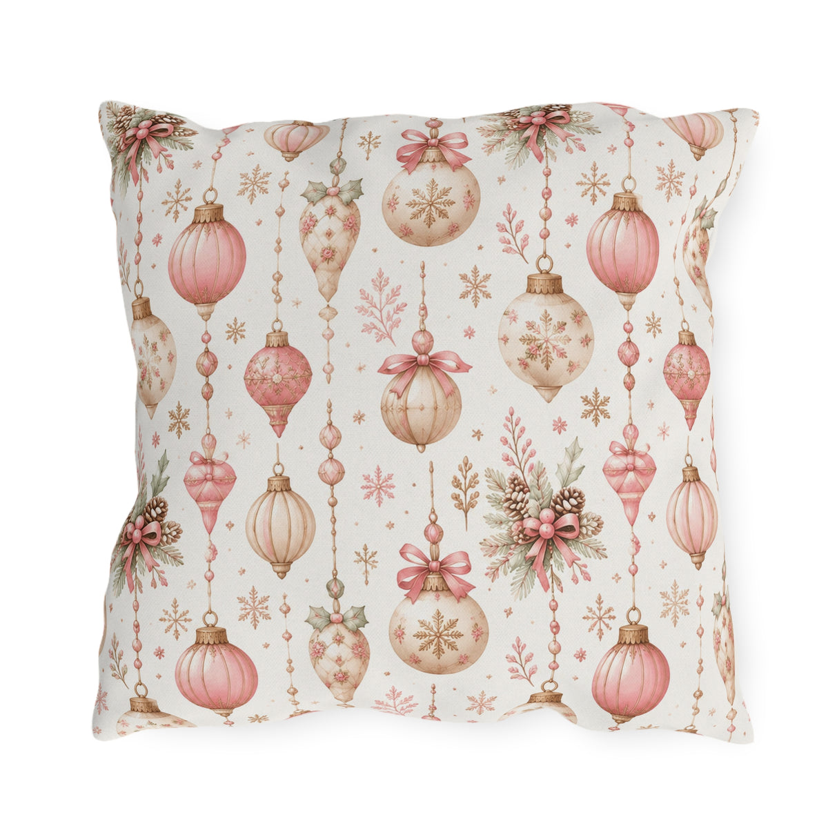 Pink and gold vintage Christmas baubles with bows and holly on white outdoor pillow