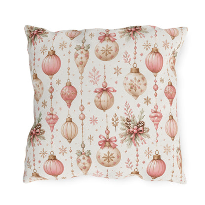 Pink and gold vintage Christmas baubles with bows and holly on white outdoor pillow