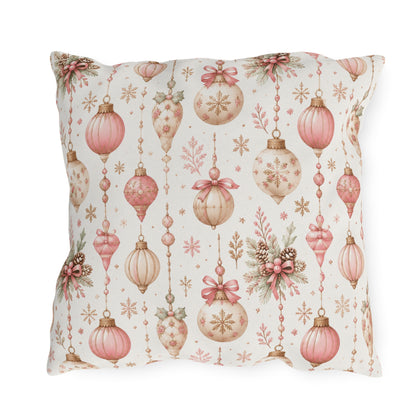 Pink and gold vintage Christmas baubles with bows and holly on white outdoor pillow