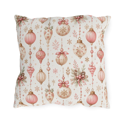 Pink and gold vintage Christmas baubles with bows and holly on white outdoor pillow