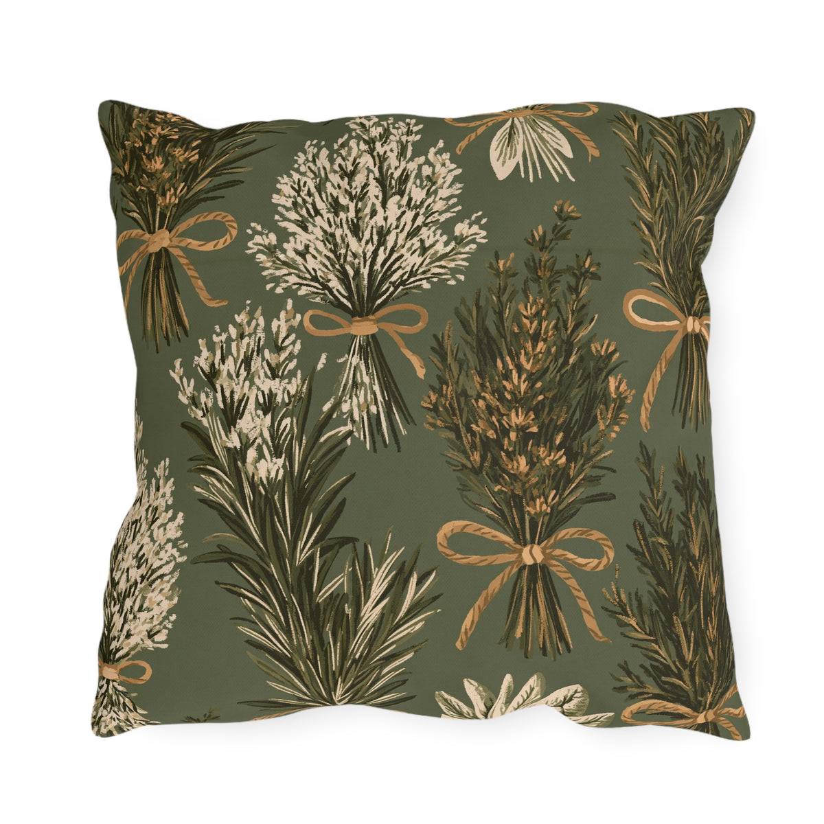 Rosemary, lavender and thyme bundles tied with twine on a sage green outdoor pillow
