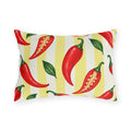 Watercolor red chili peppers and green leaves on a pale yellow and cream striped outdoor lumbar pillow