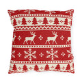 Red and cream fair isle Christmas outdoor pillow with reindeer, pine trees and snowflakes