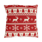 Red and cream fair isle Christmas outdoor pillow with reindeer, pine trees and snowflakes