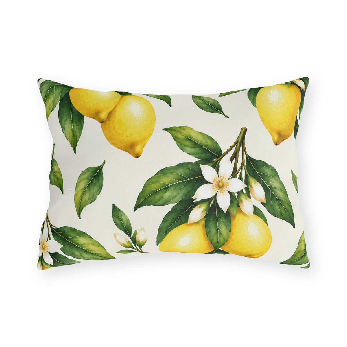 Watercolor lemon branches with leaves and white blossoms on a cream outdoor lumbar pillow