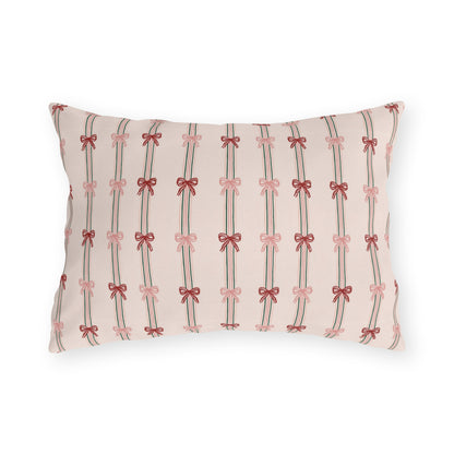 Pink and red ribbon bows on striped blush outdoor lumbar pillow