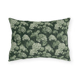 Sage and cream hydrangeas on dark forest green outdoor lumbar pillow