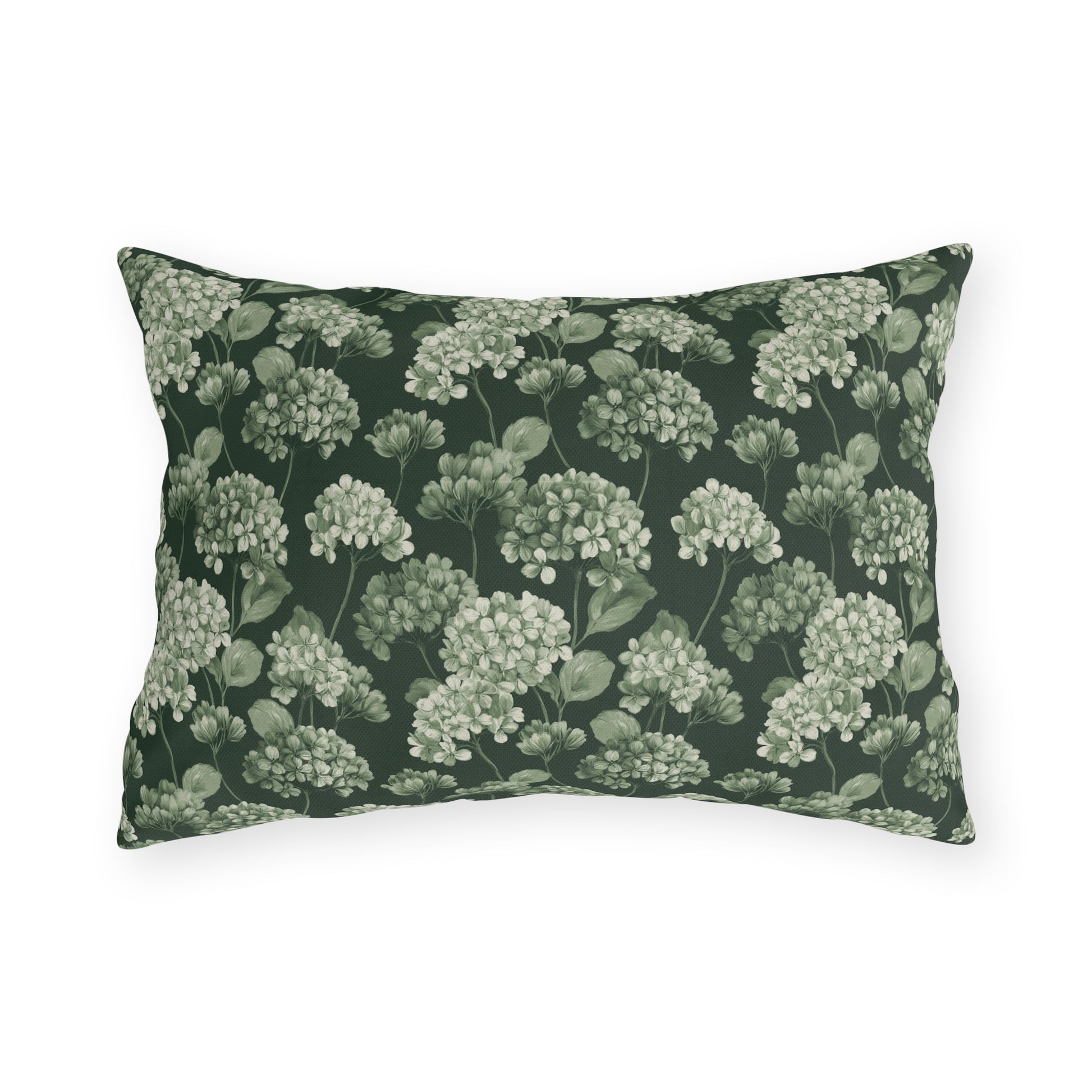 Sage and cream hydrangeas on dark forest green outdoor lumbar pillow